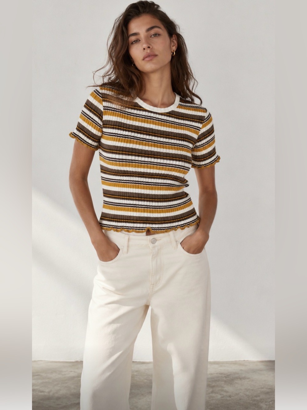 Zara Trafaluc Ribbed Stripe Tee in Mustard, Brown & White